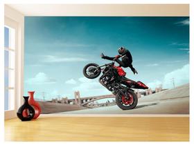 Papel De Parede 3D Moto Grau Empinando Manobra 3,5M Bkm30