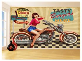 Papel De Parede 3D Moto Retrô Arte Pinup Custom 3,5M Bkm128