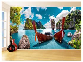 Papel De Parede 3D Praia Mar Canoas Barcos Céu 3,5M Npr287