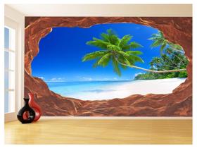 Papel De Parede 3D Praia Mar Caverna Pedras Céu 3,5M Npr296