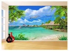 Papel De Parede 3D Praia Mar Coqueiros Céu Azul 3,5M Npr331