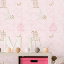 Papel de Parede Adesivo Autocolante Infantil Baby Rosa Com Gaiolas Fosco