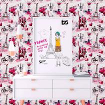 Papel de Parede Adesivo Autocolante Vinil Casual Paris Torre Eiffel Tons De Rosa Pink Menina 1,50m