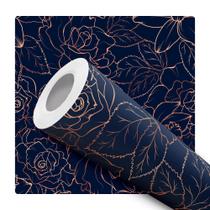 Papel de Parede Adesivo Azul Marinho Floral Rose Gold Lineart Moderno Quarto Sala de Estar Papel de Parede Adesivo Azul Marinho Floral Rose Gold Lineart Moderno Quarto Sala de Estar