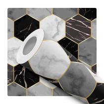 Papel de Parede Adesivo Azulejo Hexágono Preto Cinza Dourado 12m