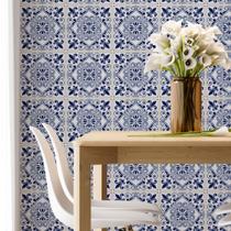 Papel de Parede Adesivo Azulejo Português Branco Azul Clássico Colonial Barroco Moderno Quarto Sala de Estar
