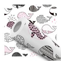 Papel de Parede Adesivo Baleia Preto e Rosa Infantil Bebê Delicado Fundo do Mar Moderno Quarto