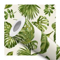 Papel de Parede Adesivo Folhas Folhagem Bege Verde Costela de Adão Natureza Moderno Quarto Sala