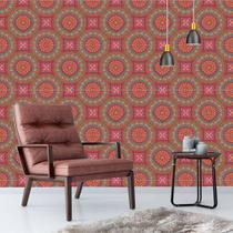Papel De Parede Adesivo Fosco Vinil Abstrato Mandala Indiana Tons Rosa, Amarelo e Ciano 3m