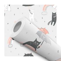 Papel de Parede Adesivo Ilustração Gatinho Arco Íris Fundo Cinza Moderno Quarto 12m