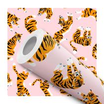 Papel de Parede Adesivo Ilustração Tigre Fundo Rosa Moderno Quarto Sala de Estar