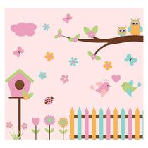 Papel de Parede Adesivo Infantil Jardim Corujas Bebe Quarto Menina - 582pcp