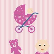 Papel De Parede Adesivo Infantil Rosa Carrinho Bebê Ursinho