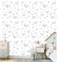 Papel De Parede Adesivo Lavável Borboletas E Corações Quarto Menina - banner Bani