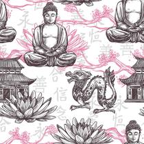 Papel De Parede Adesivo Lavável Buda E Dragão Preto Galho Rosa Padrão Chines Oriental Quarto Sala de Estar