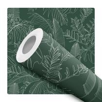 Papel De Parede Adesivo Lavável Folhas Linha Lineart Branca Fundo Verde Musgo Escuro Quarto Sala de Estar