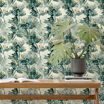 Papel De Parede Adesivo Lavável Folhas Verdes Com Flores Amarelas Com Fundo Bege Quarto Sala de Estar