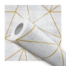 Papel De Parede Adesivo Lavável Geométrico Cimento Claro Fios Dourado 12m