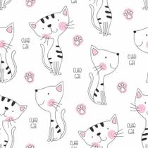 Papel De Parede Adesivo Lavável Infantil Ilustração Lineart Gatinho Preto e Branco Rosa Bebê Maternidade