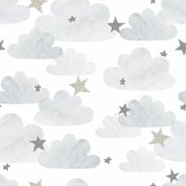 Papel De Parede Adesivo Lavável Infantil Nuvens Com Estrelas Cinza Bebê Maternidade