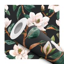 Papel De Parede Adesivo Lavável Ramos Com Flores Magnólia Fundo Preto Quarto Sala de Estar Papel De Parede Adesivo Lavável Ramos Com Flores Magnólia Fundo Preto Quarto Sala de Estar
