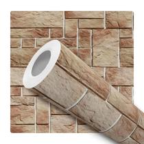 Papel De Parede Adesivo Lavável Sala Pedra Rustica 3d Marrom Claro Rejunte Branco
