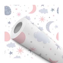 Papel De Parede Adesivo Lua Estrelas Nuvens Rosa Cinza Quarto Infantil 1.5m