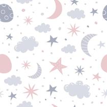 Papel De Parede Adesivo Lua Estrelas Nuvens Rosa Cinza Quarto Infantil 5m