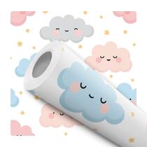 Papel de Parede Adesivo Nuvem Rosa Azul Céu Estrela Infantil Bebê Moderno Quarto Sala de Estar