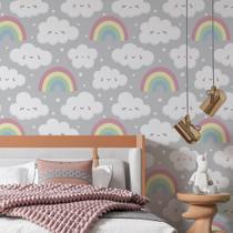 Papel De Parede Adesivo Nuvens Fofinhas Arco-iris Cinza Quarto Infantil 1m