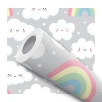 Papel De Parede Adesivo Nuvens Fofinhas Arco Íris Cinza Quarto Infantil 2.5m