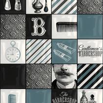 Papel de Parede Adesivo Padrão Barbeara Vintage Preto Azul Moderno Quarto Sala de Estar