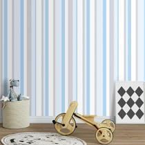 Papel de parede adesivo quarto infantil sala listra listrado branco cinza azul lavavel vinilico 3m - Toque Pop