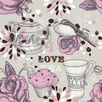 Papel de Parede Adesivo Rosa Bege Café Cupcake Bule Pássaro Cozinha Barroco Quarto Sala de Estar