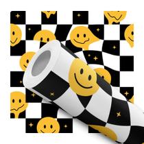 Papel de Parede Adesivo Xadrez Preto e Branco Smiley Amarelo Teen Juvenil Quarto