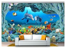 Papel De Parede Animais Golfinho Corais 3D Anm272