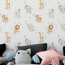 Papel de parede Animais Infantil Aquarela Branca Safari Vinilico Quarto sala Auto Colante 15m