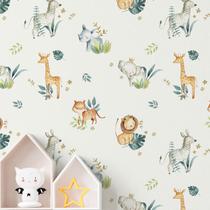 Papel de Parede Animais Safari Infantil Aquarela Branca Decorativo Auto Adesivo quarto sala 15m