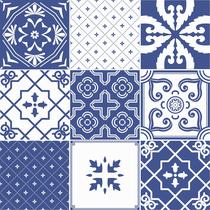 Papel de Parede Autoadesivo Vinílico Reforma Azulejo Branco Azul Mosaico Patchwork Cozinha