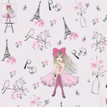 Papel De Parede Autocolante Para Sala E Quarto Infantil Infantil Paris Fundo Rosa claro Flores E torre Eiffel