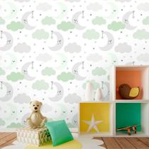Papel de Parede Baby Nuvens e Lua Cinza e Verde 250