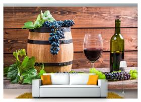 Papel De Parede Barril Vinho Cacho De Uva 3D Al80