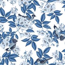Papel de parede bobinex contemporâneo - folhas e passáros branco e azul