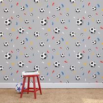Papel de Parede Cinza Bolas de Futebol e Confete 57x270cm