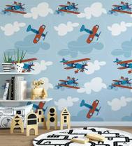 Papel De parede Com Céu De Fundo Avião Infantil Azul Branco