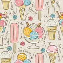 Papel de Parede Decorativo Temático Tipos de Sorvetes em Fundo Bege Papel de Parede Decorativo Temático Tipos de Sorvetes em Fundo Bege