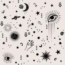 Papel de Parede Decorativo Temático Universo Planetas e Itens Preto com Fundo Bege Papel de Parede Decorativo Temático Universo Planetas e Itens Preto com Fundo Bege