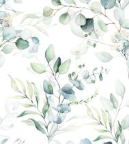 Papel de Parede Floral em Tons de Verde com Fundo Branco Ramos de Eucalipto para Sala Quarto 1 Metro