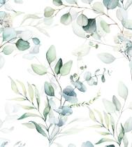 Papel de Parede Floral em Tons de Verde com Fundo Branco Ramos de Eucalipto para Sala Quarto - PAPEL E PAREDE ADESIVOS
