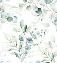 Papel de Parede Floral em Tons de Verde com Fundo Branco Ramos de Eucalipto para Sala Quarto